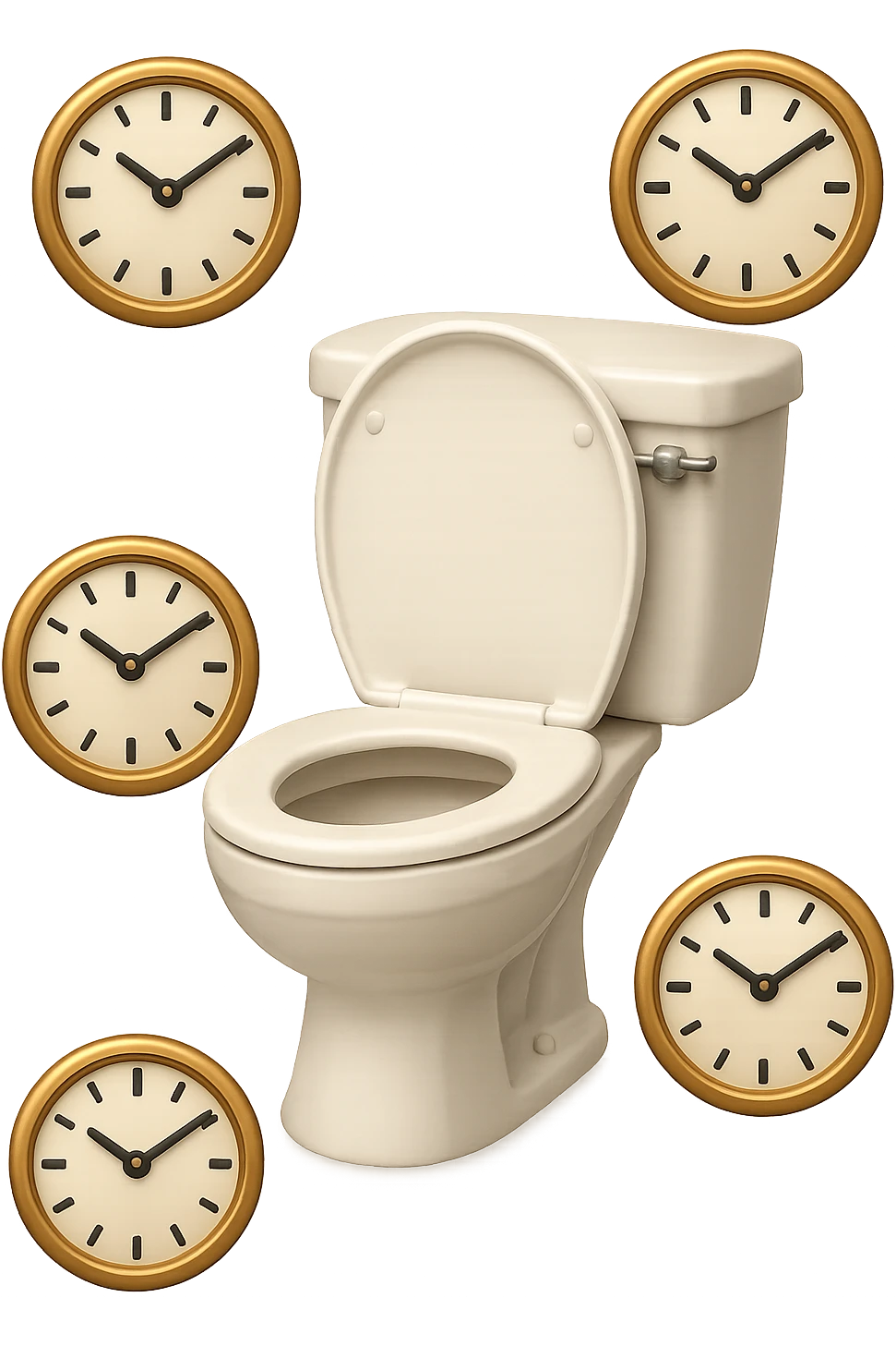 emoji stile iphone di un wc con orologi che gli fluttuano intorno, iperrealistico 4k emoji