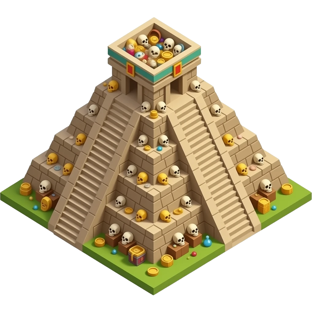 Isometric perspective. maya pyramid temple emoji. Treasures and skulls. Isolated tructure without any background or ground around. emoji