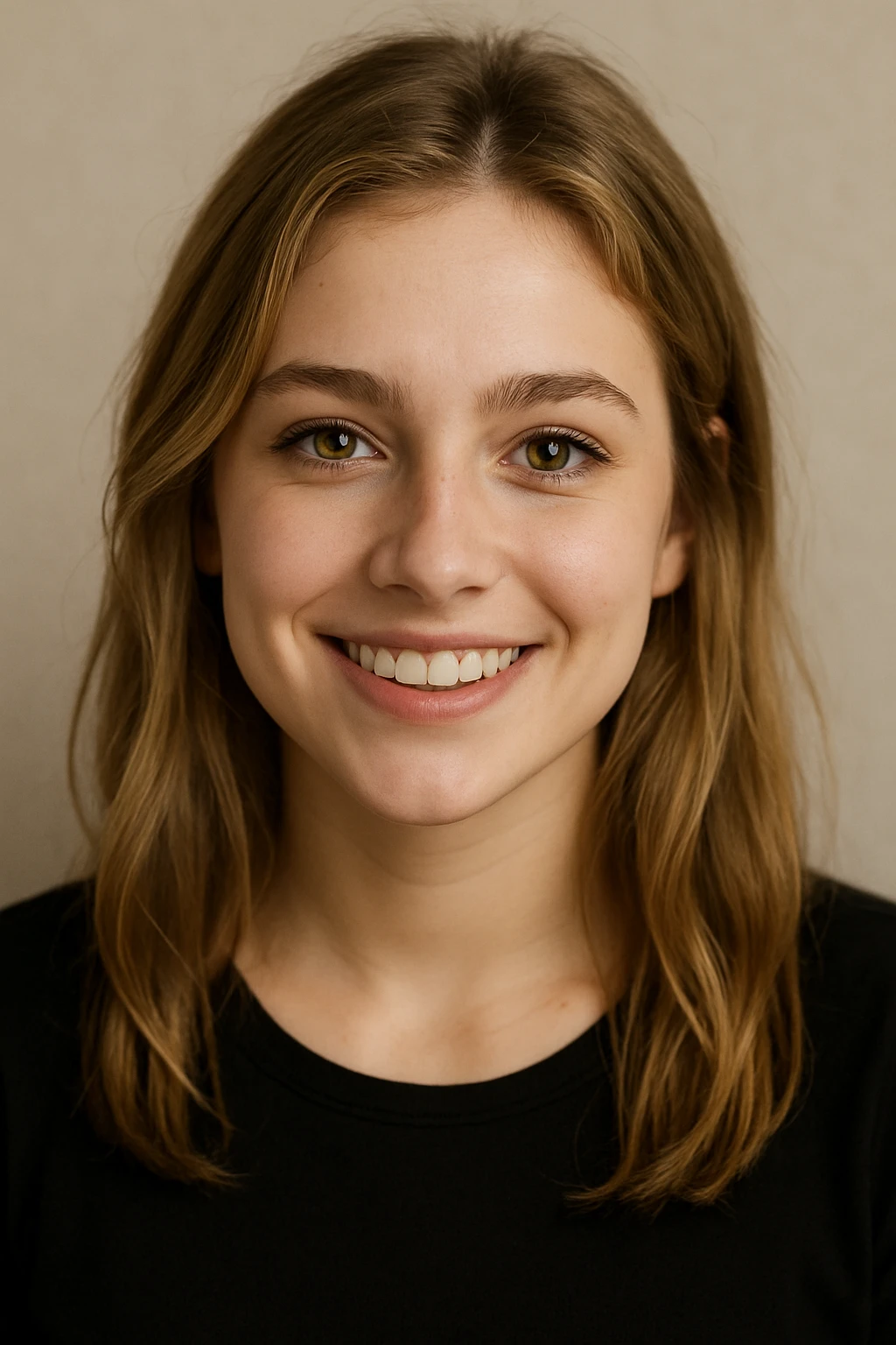 a white girl with dirty blond hair, hazel eyes, wearing a black top, smiling, neutral background emoji