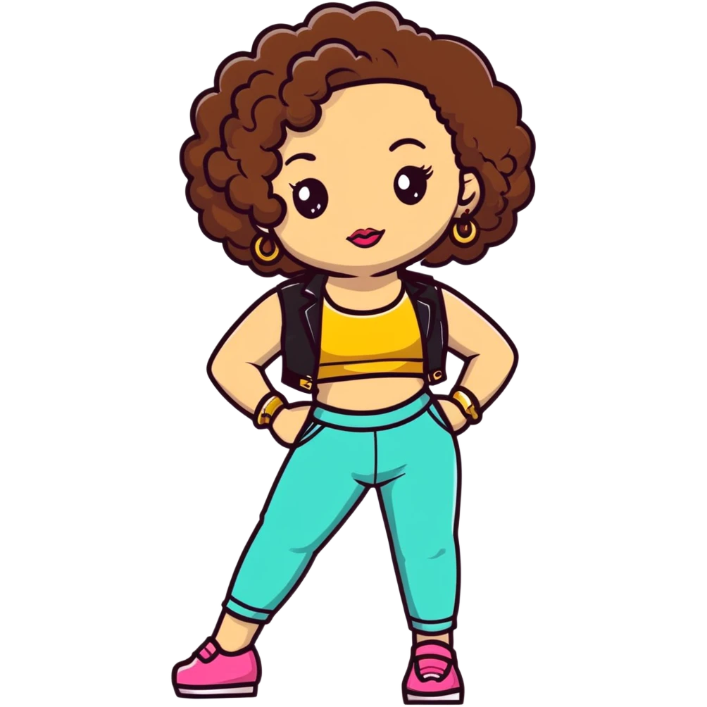 Full body teenage girl with curly brown hair, heavy makeup, big lips, crop top, gold jewelry and flashy choni style outfit emoji