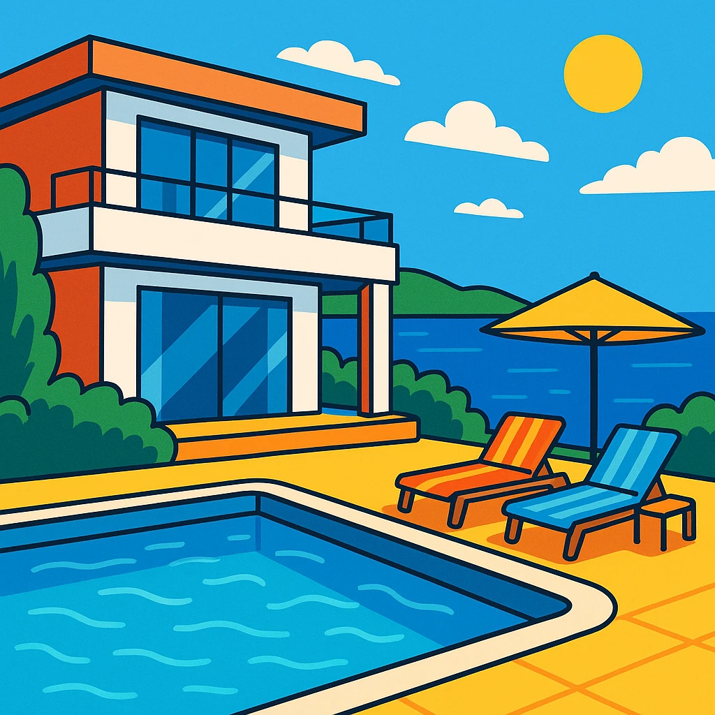 modern Bodrum villa with swimming pool, sun loungers, and sea view, vibrant toon style emoji