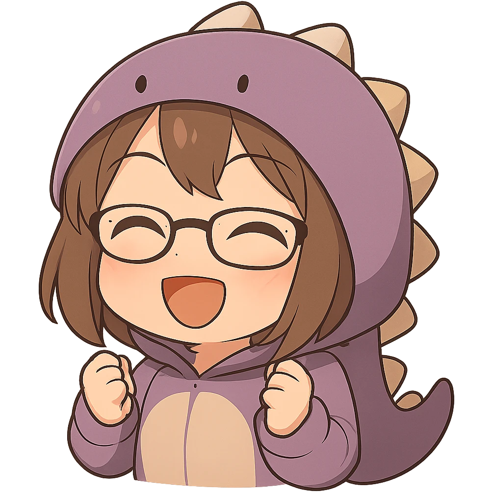Chibi anime style gamer girl with glasses, brown hair, dark purple eyes, wearing a purple dinosaur costume, making a happy emote, no controller, same style as reference, with no background emoji