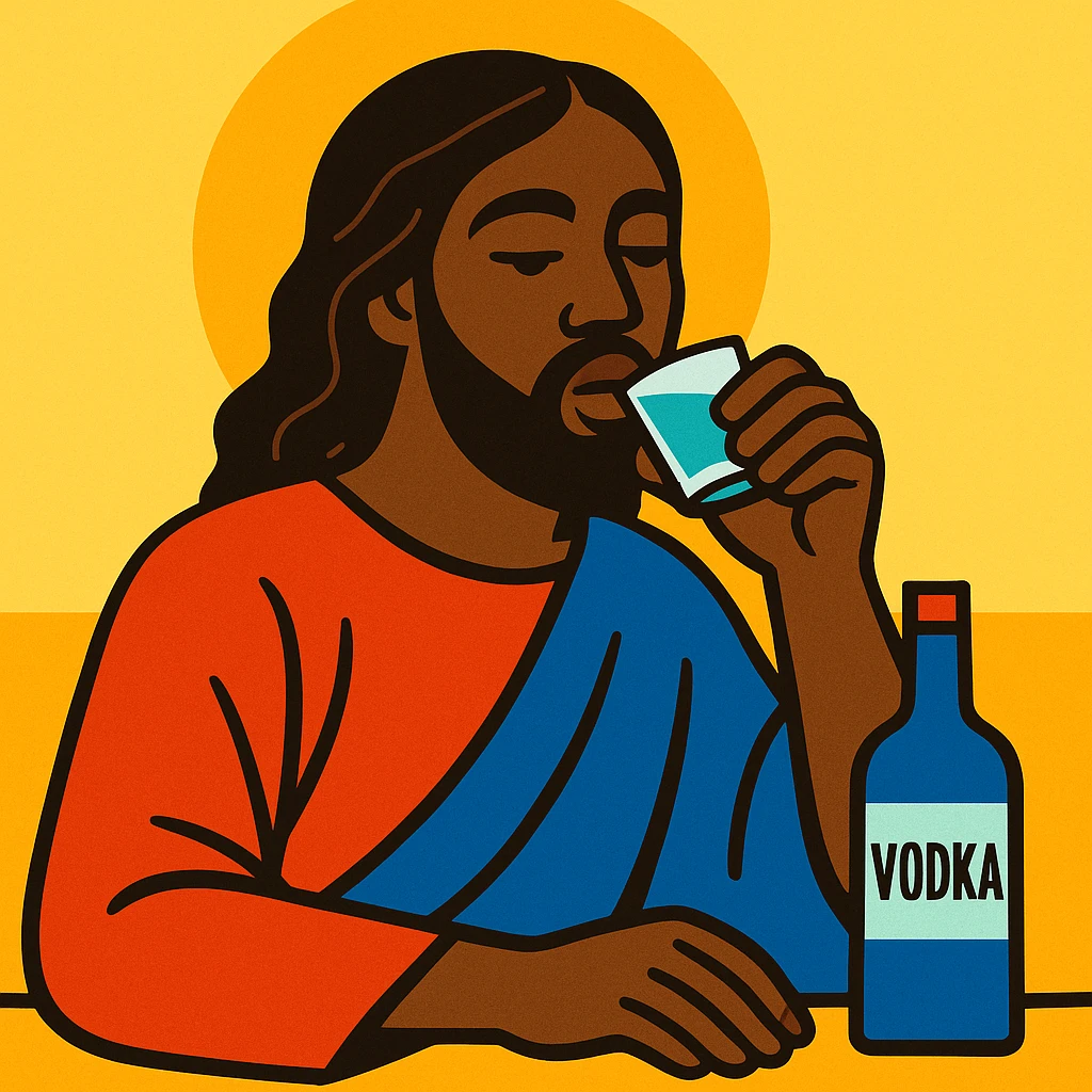 Stylized Black Jesus sipping vodka, relaxed pose, vibrant colors, contemporary art style emoji