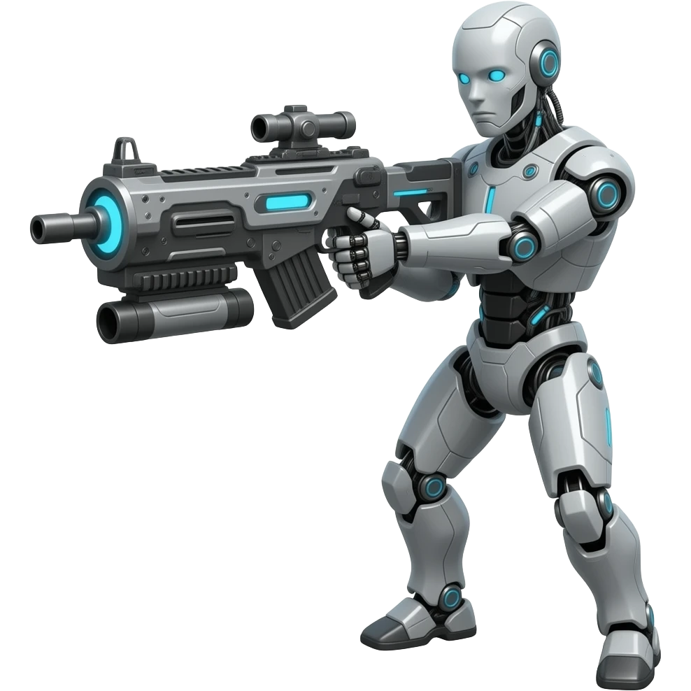Un robot futurista de cuerpo completo disparando con una arma grande muy tecnológico emoji