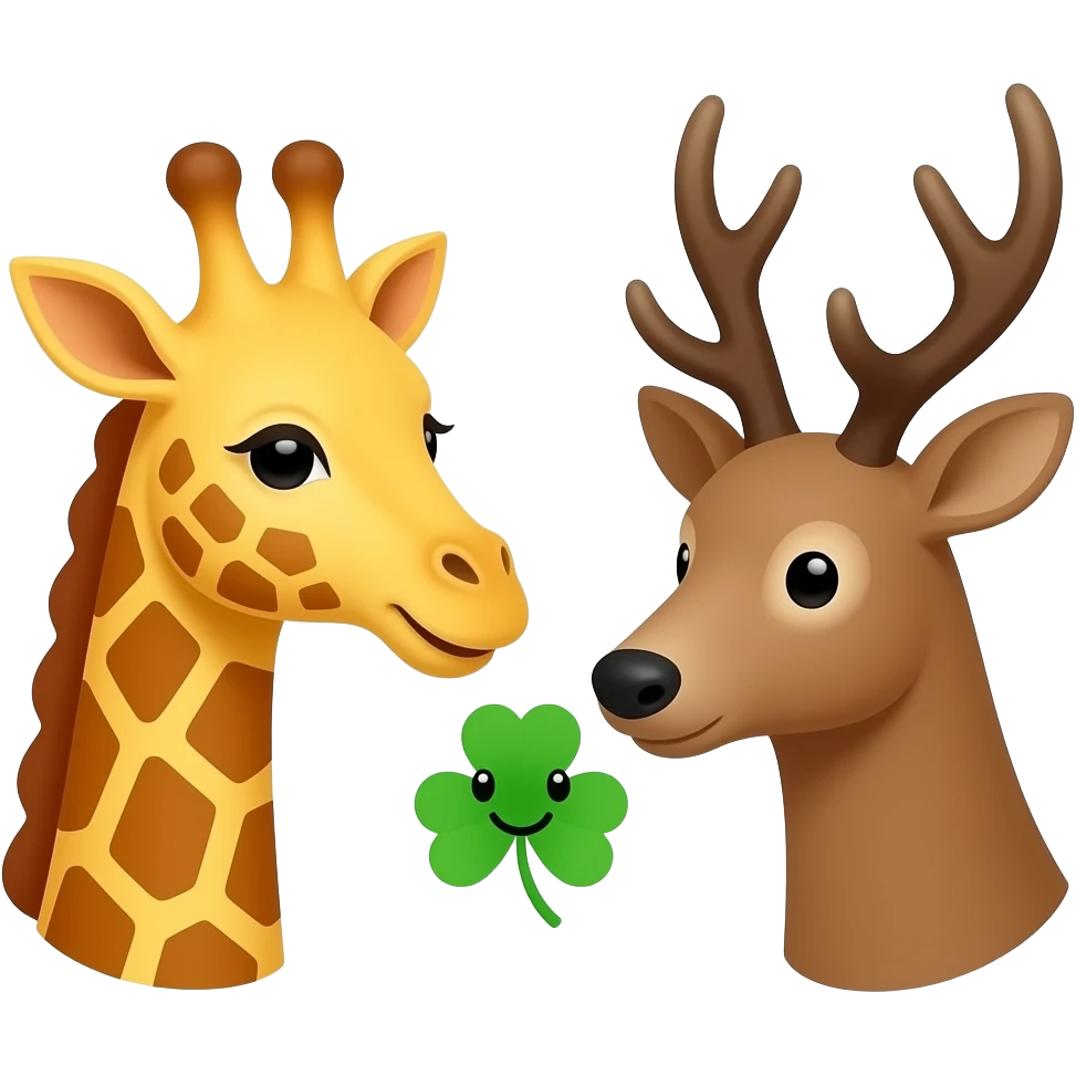 Einfacher Giraffenkopf und Elchkopf schauen sich an mit Glücksklee emoji