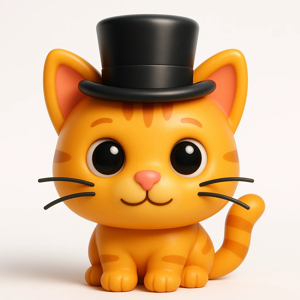 3D rendered emoji-style illustration, glossy plastic-like materials, soft ambient occlusion, rounded forms, high-detail textures, clean white background, Apple emoji aesthetic, subsurface scattering on skin, vibrant saturated colors, cute proportions with large expressive eyes, studio lighting with soft shadows, cat wearing a tophat emoji