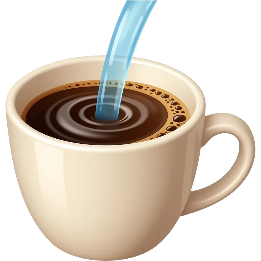 Minimal emoji-style illustration of a cup of coffee being filled with water.
A stream of water pouring into the cup, visible mixing and light swirling effect.
Clean, simple shapes, warm brown tones, light beige (off-white) cup, centered composition, minimal background. emoji