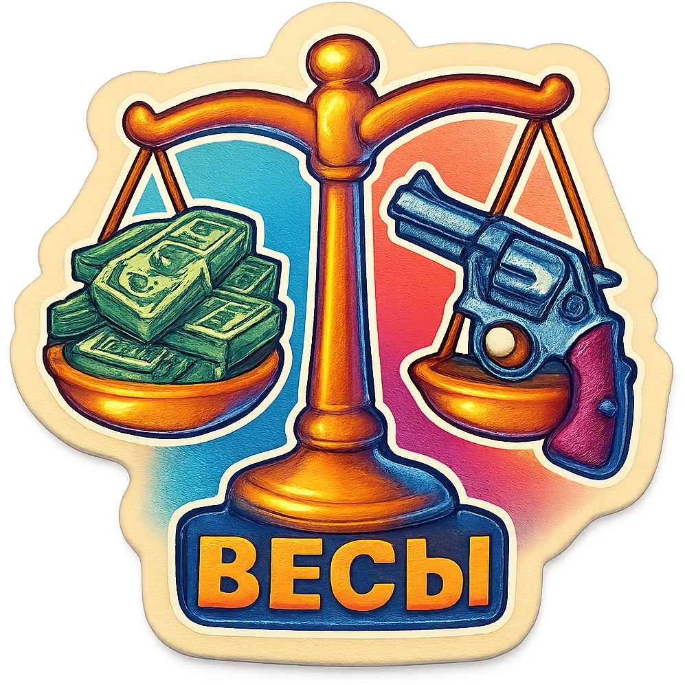 Весы, на одно чаше куча пачек долларов, на другой револьвер emoji