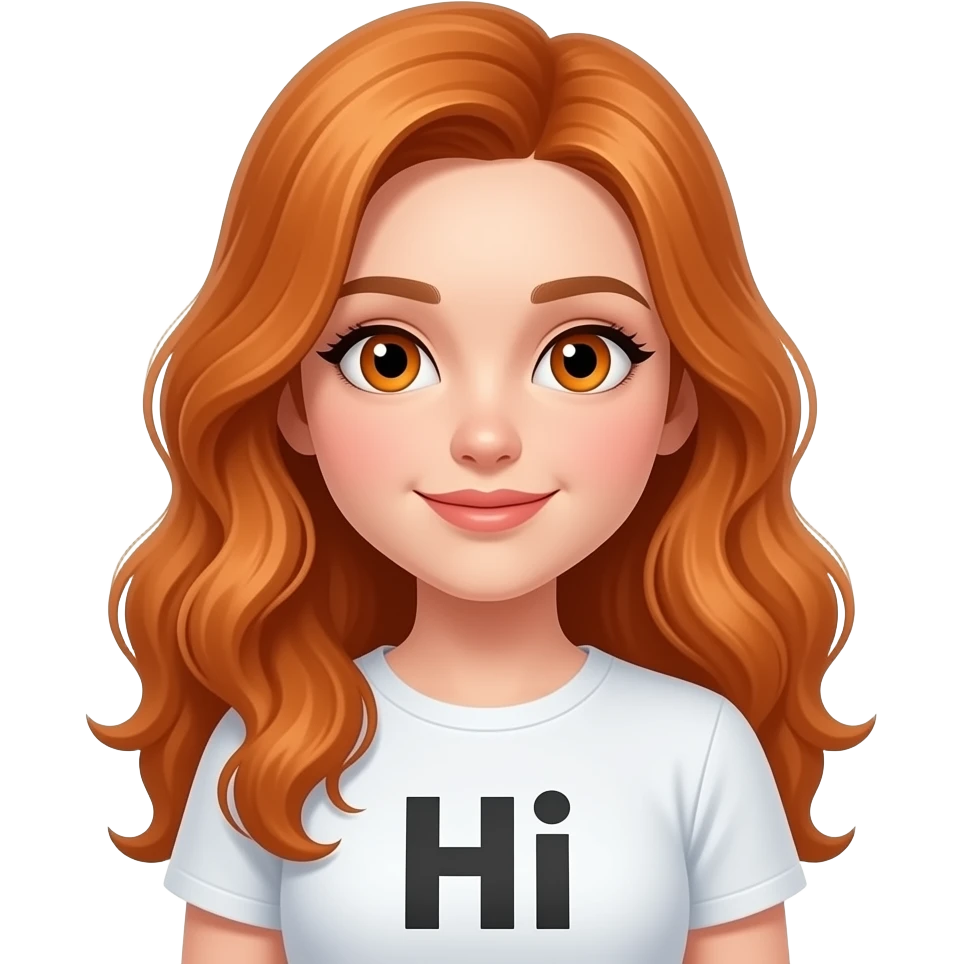girl with long wavy ginger hair and ginger eyes wearing a says hi emoji