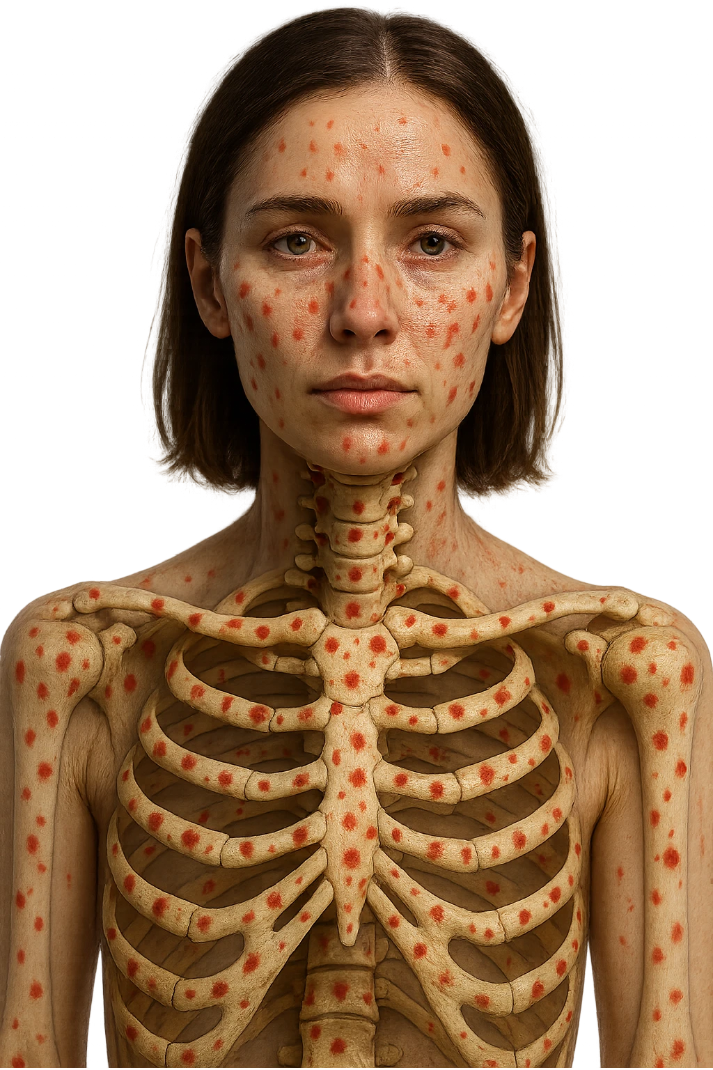 donna realistica con red spot sparsi alle ossa, ossa visibili sul corpo, iperrealistico 4k emoji