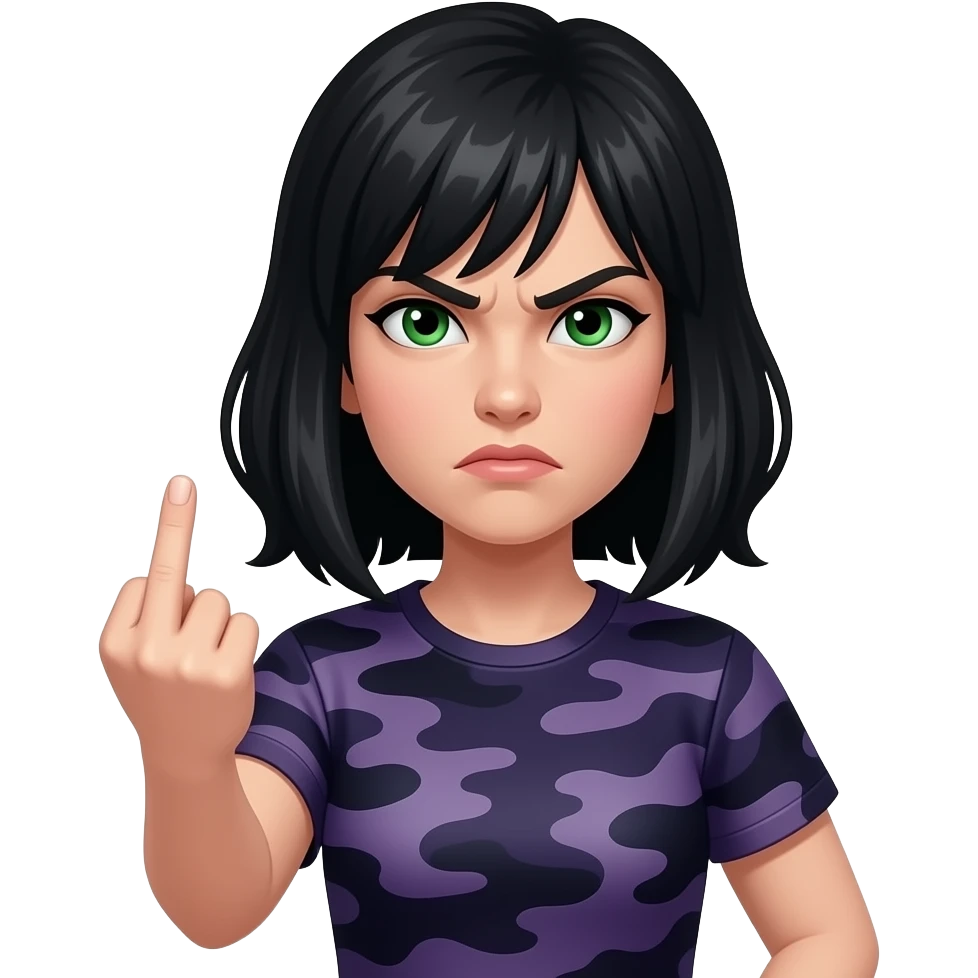 Angry Pale Woman with waist length black hair and green eyes and a dark purple camoflage shirt giving the finger emoji