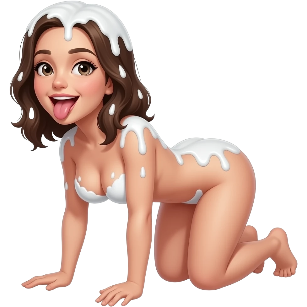 Naked girl, brunette, shoulder length hair, large exposed breasts, on all fours, mouth open, tongue out, face and hair completely covered in milk emoji