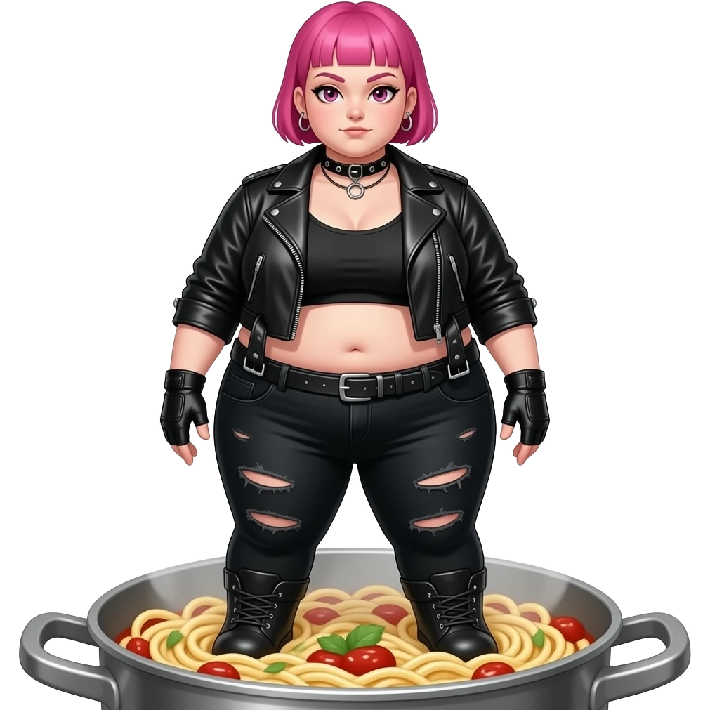 In a spaghetti string hotter top, Full body obese goth girl with ear rings nose ring, choker and short buzzcut pink hair show her from head to foot emoji