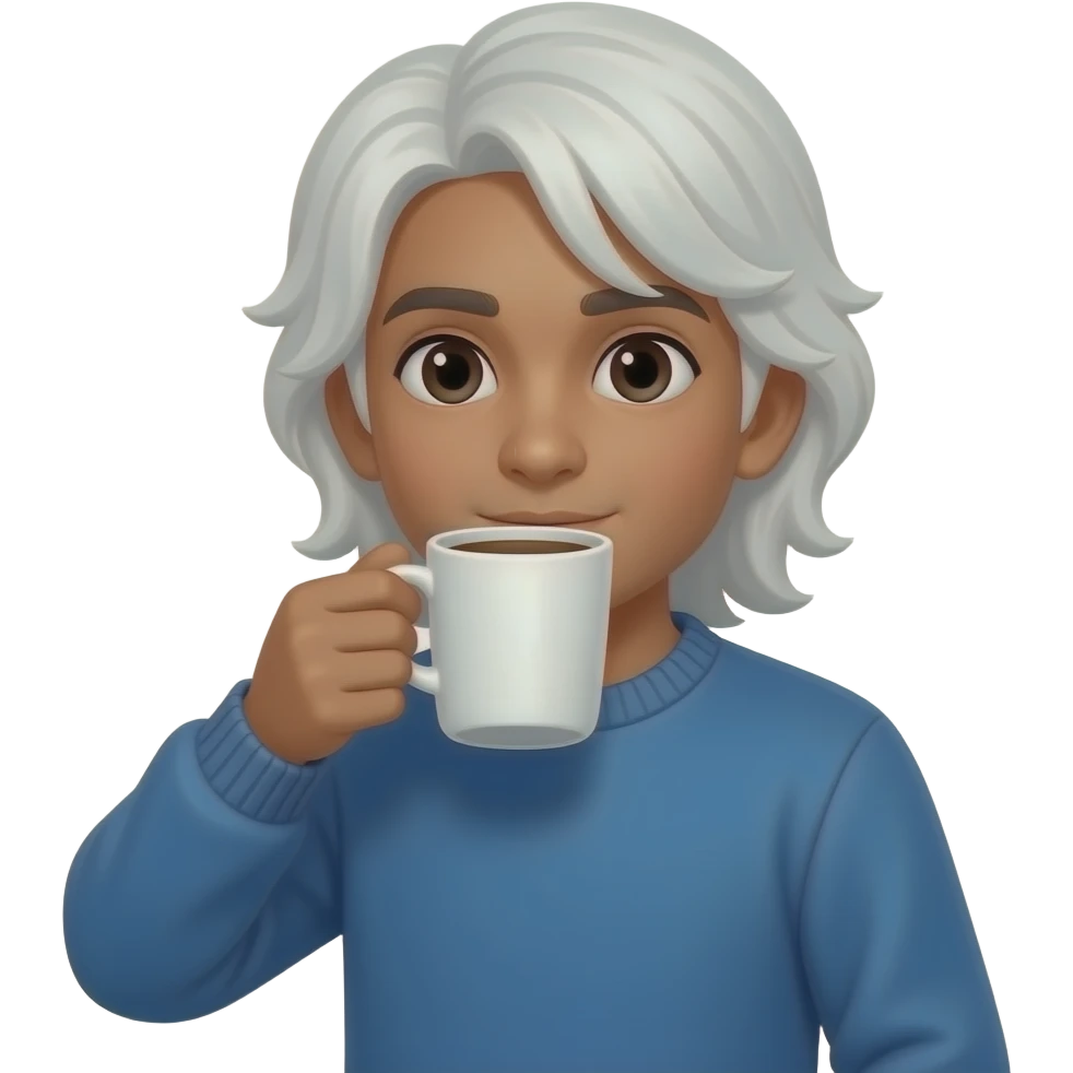 Brown pakistani boy with long shoulder length white hair drinking coffee, wearing blue sweater, no facial hair - bare face emoji
