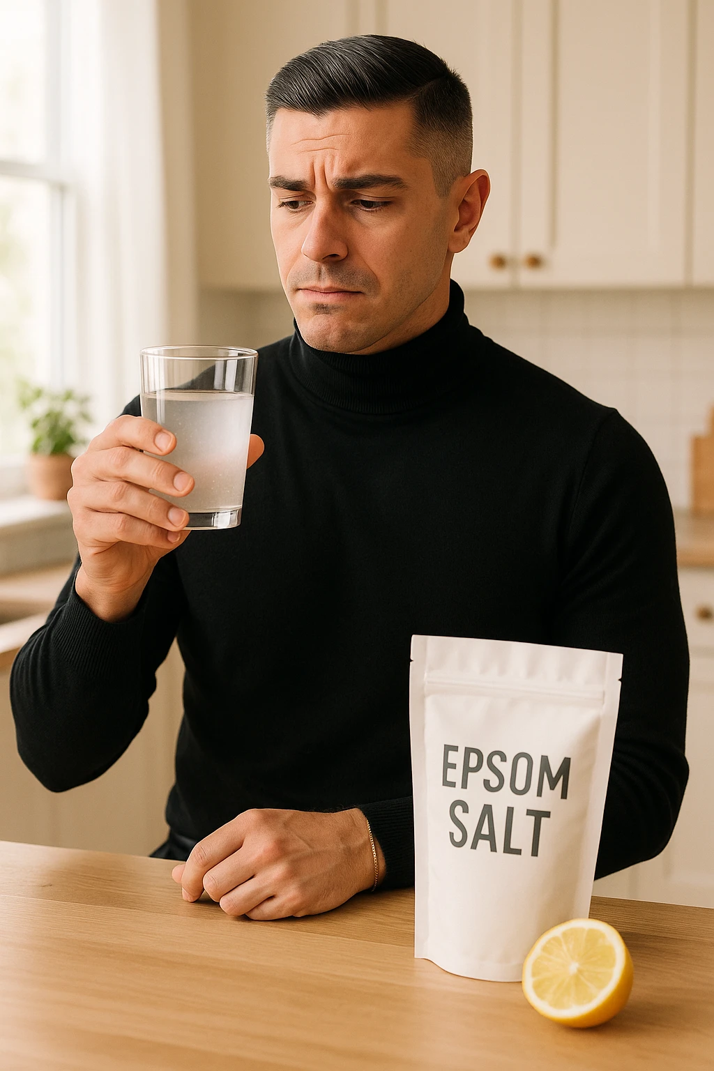 A realistic, bright photo-style image of a young man in his 30s standing in his kitchen, holding a clear glass filled with water in which Epsom salt (magnesium sulfate) has been dissolved. He looks focused but slightly uncertain as he prepares to drink it for a liver flush or digestive cleanse. The glass shows slight cloudiness from the dissolved salt. On the counter are a packet labeled 'Epsom Salt' and a sliced lemon, suggesting he might use it to mask the taste. The setting is clean, natural, and bright with neutral tones. The background shows sunlight streaming through a window, emphasizing a clean, minimalist health-focused environment. The mood conveys a realistic, calm moment of self-care with a hint of discomfort, illustrating a natural detox practice emoji