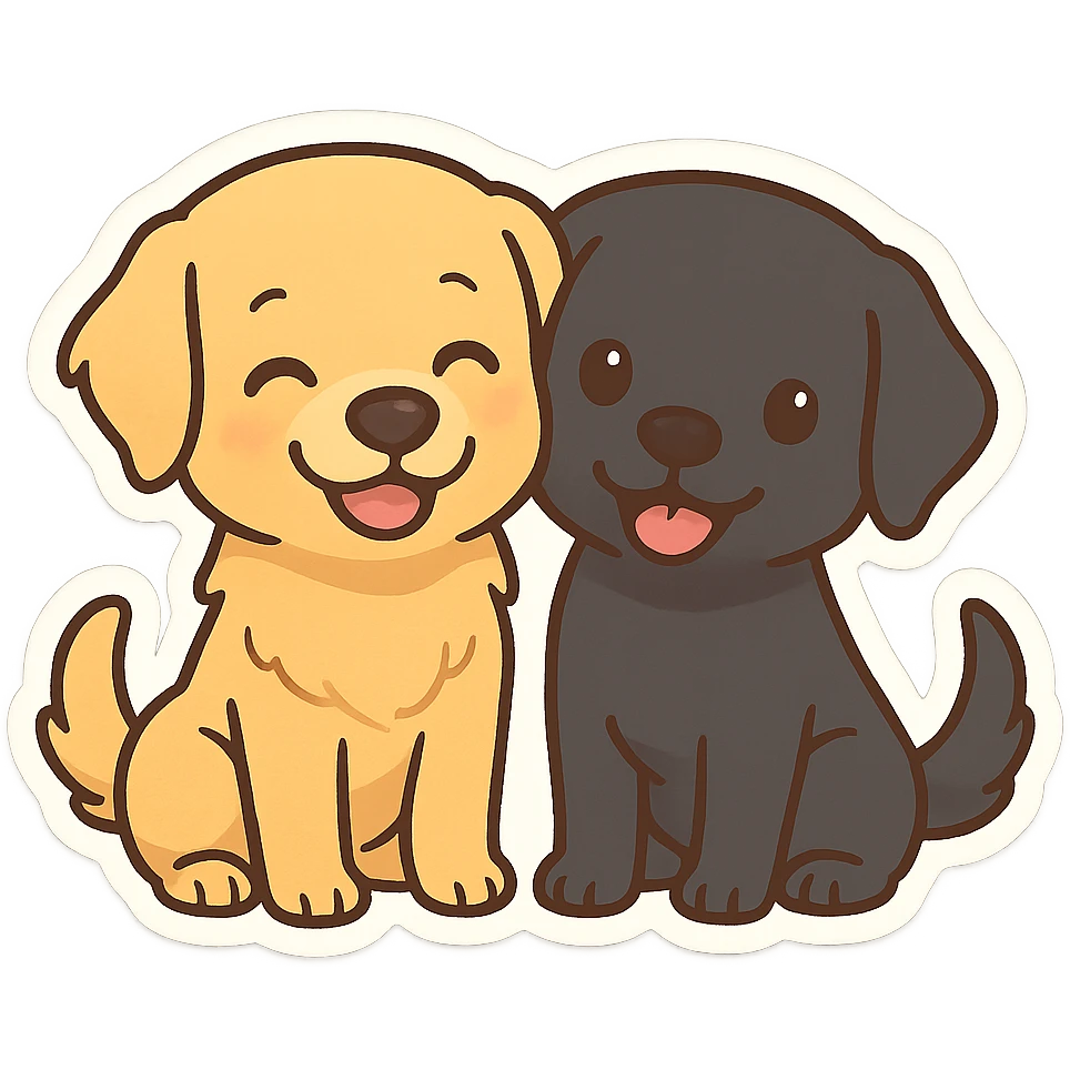 two animated dogs together, a golden retriever and a black labrador, cheerful and friendly style emoji