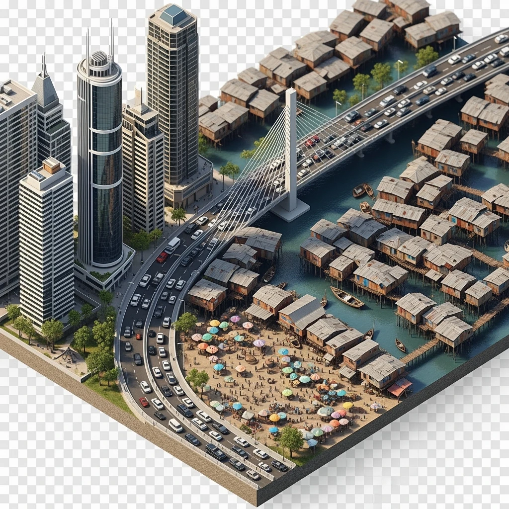 Isometric miniature of Lagos Lekki-Ikoyi Bridge, Eko Atlantic skyscrapers, Makoko slums, tin-roof shacks, chaotic markets, gridlocked traffic, 3D miniature effect and Tilt Shift effect, no cartoonish look, transparent background, don't cut angles emoji