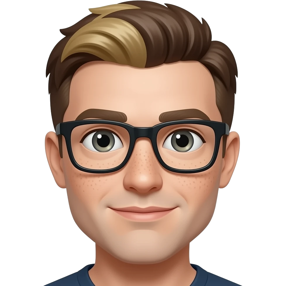 Pointy button nose, aqautic almond eyes, freckled pale skin and dark brown roots with blonde highlights and thick black frame glasses emoji