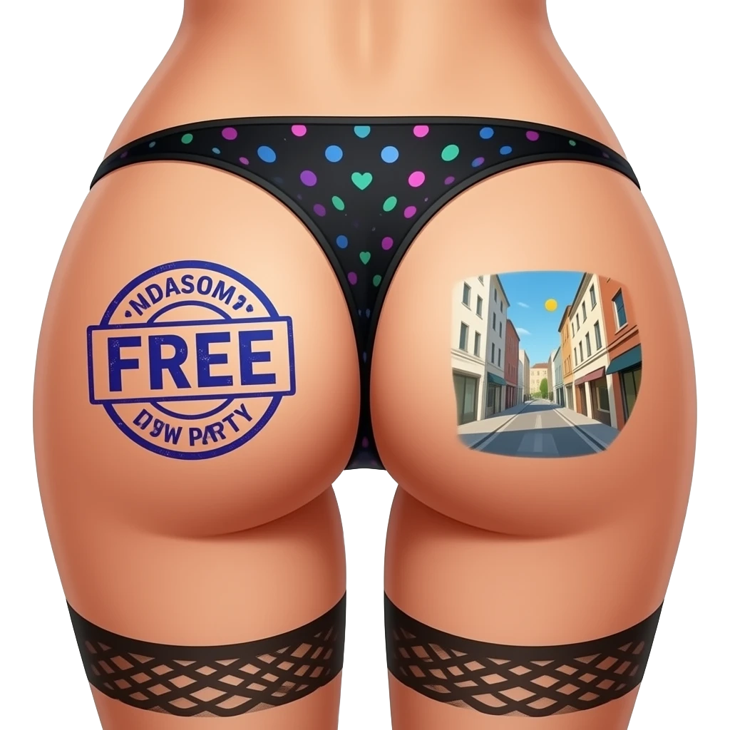 Women ass with free word stamp on her lower back and at left leg add disco party image and on right add street image emoji