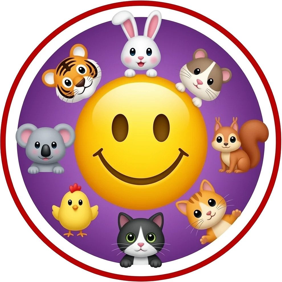 emoji yellow smiley in the center serounded in circle  🐯🐰🐹🐨🐥🐿 🐈 purple and white background, with red and white circle line emoji
