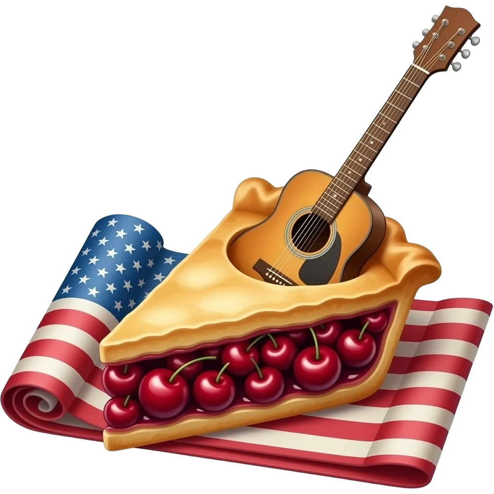 A guitar peeks out from a piece of cherry pie that is placed on a rolled-up old American flag. emoji
