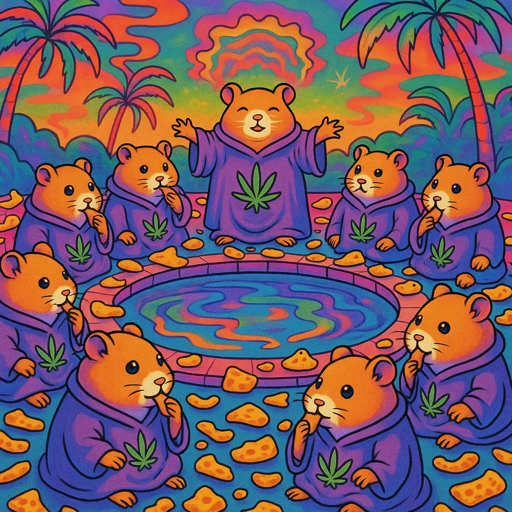 Hamsters in a cult gathering at a pool, wearing matching robes with marijuana leaf emblems, cheese snacks everywhere, psychedelic and humorous scene. emoji