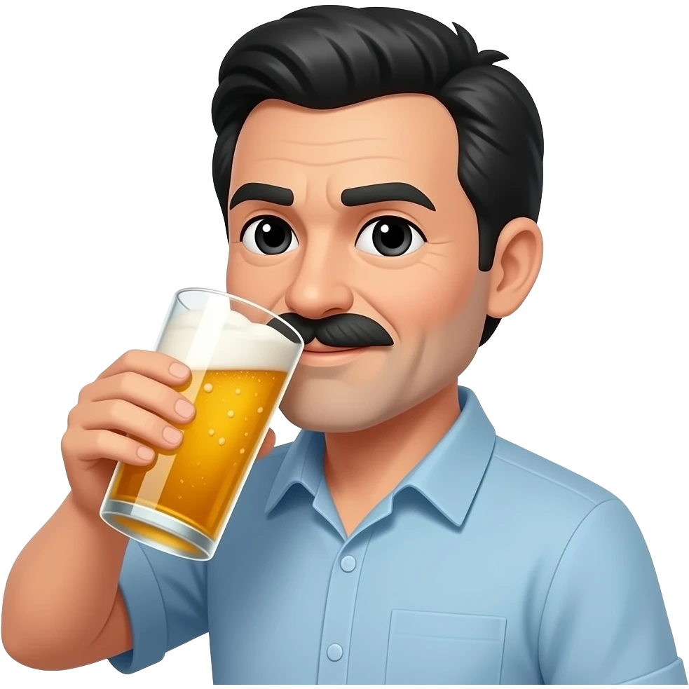 Man middly aged, drink beer, hair black and white, skin medium light, mustache, eyes black emoji