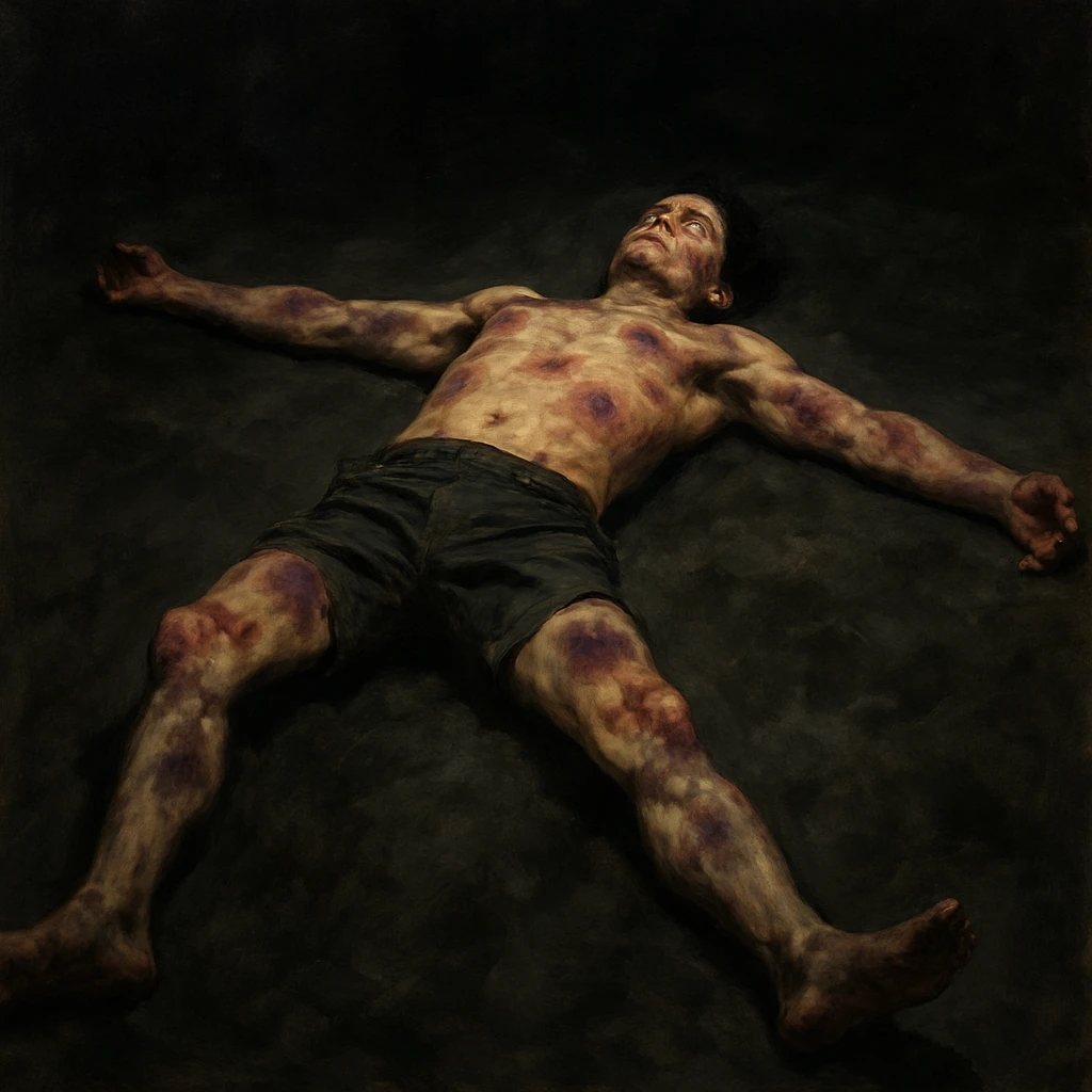 person lying flat on their back, arms and legs wide, bruised and motionless, dramatic illustration emoji