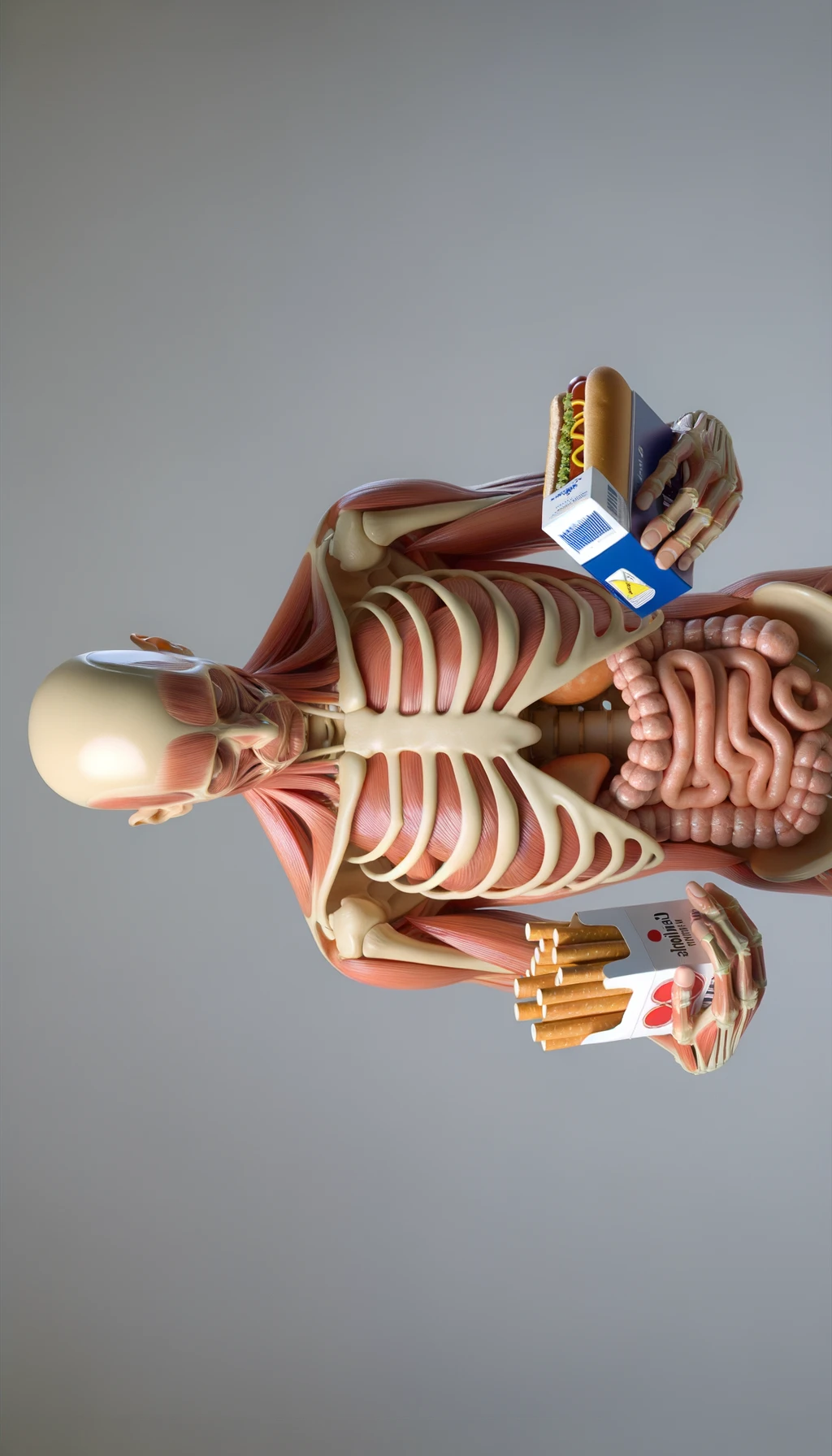 CORPO UMANO ANATOMICO CHE TRA LE BRACCIA SIGARETTE, ALCOL E WURSTEL CONFEZIONATI, LI GUARDA CON ESPRESSIONE INDECISA IN VOLTO, NEUTRAL CLEAR BACKGROUND, iperrealistico 4k emoji