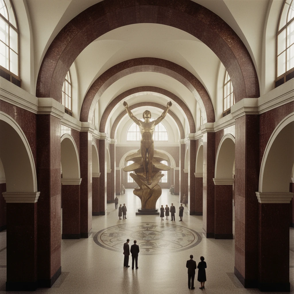 Дом Аэрофлота Чечулина изнутри. Огромные арки и скульптура Икара, на фоне которой люди очень маленькие 

Стиль - архивные цветные фотодокументы emoji