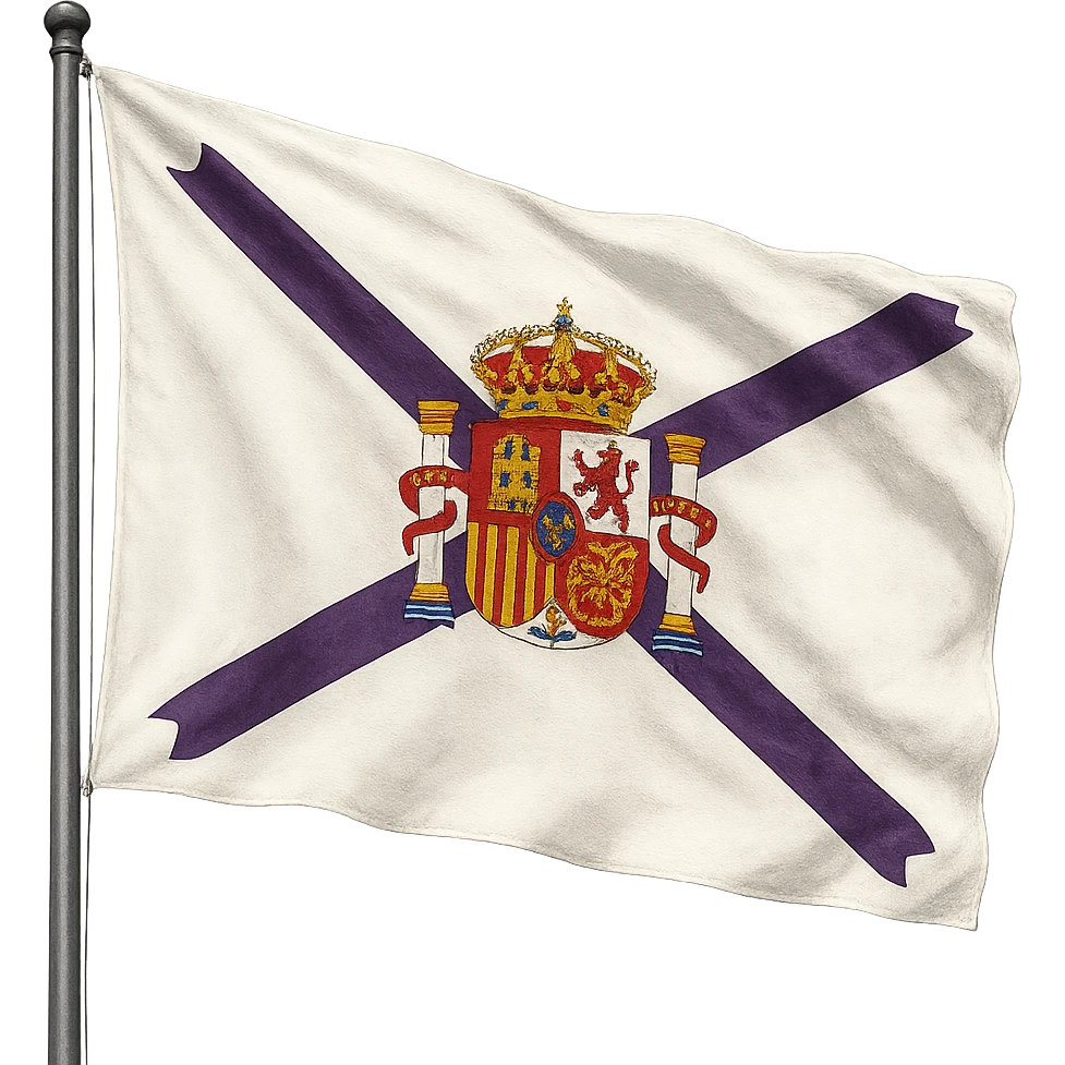 realistic illustration of the bandera de la hispanidad, white flag with purple cross and detailed coat of arms in the center, transparent background emoji