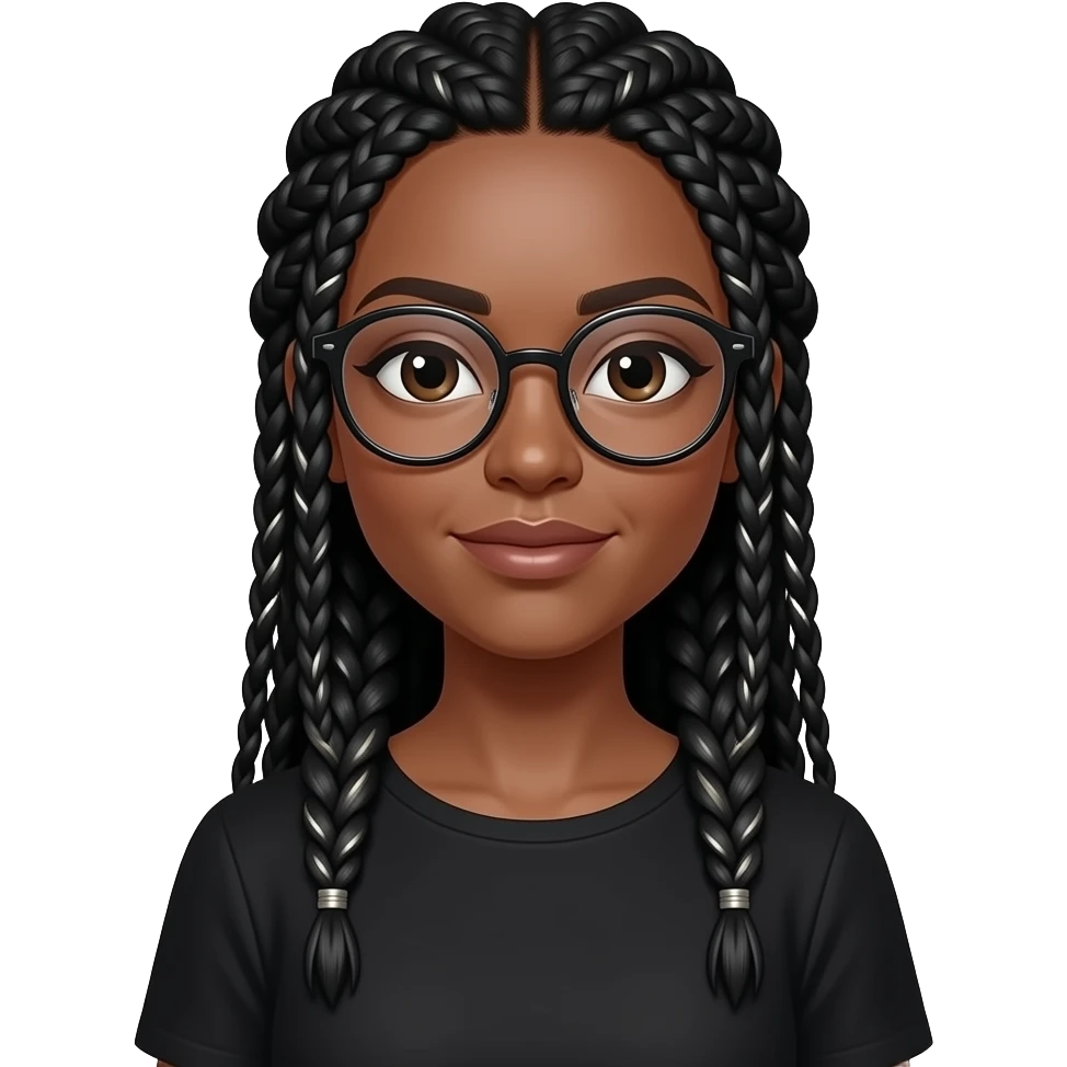 Wearing black with round glasseż top Long dark braids with metalic threads emoji
