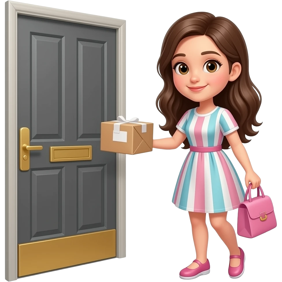 pretty girl with dress picking up package at front door emoji
