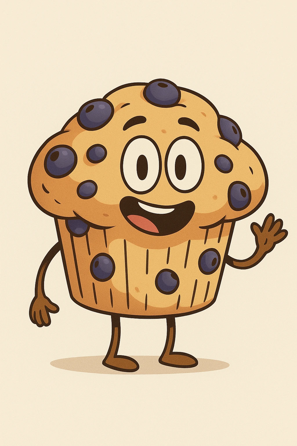 a blueberry muffin with a face and waving arm, playful, clean background emoji