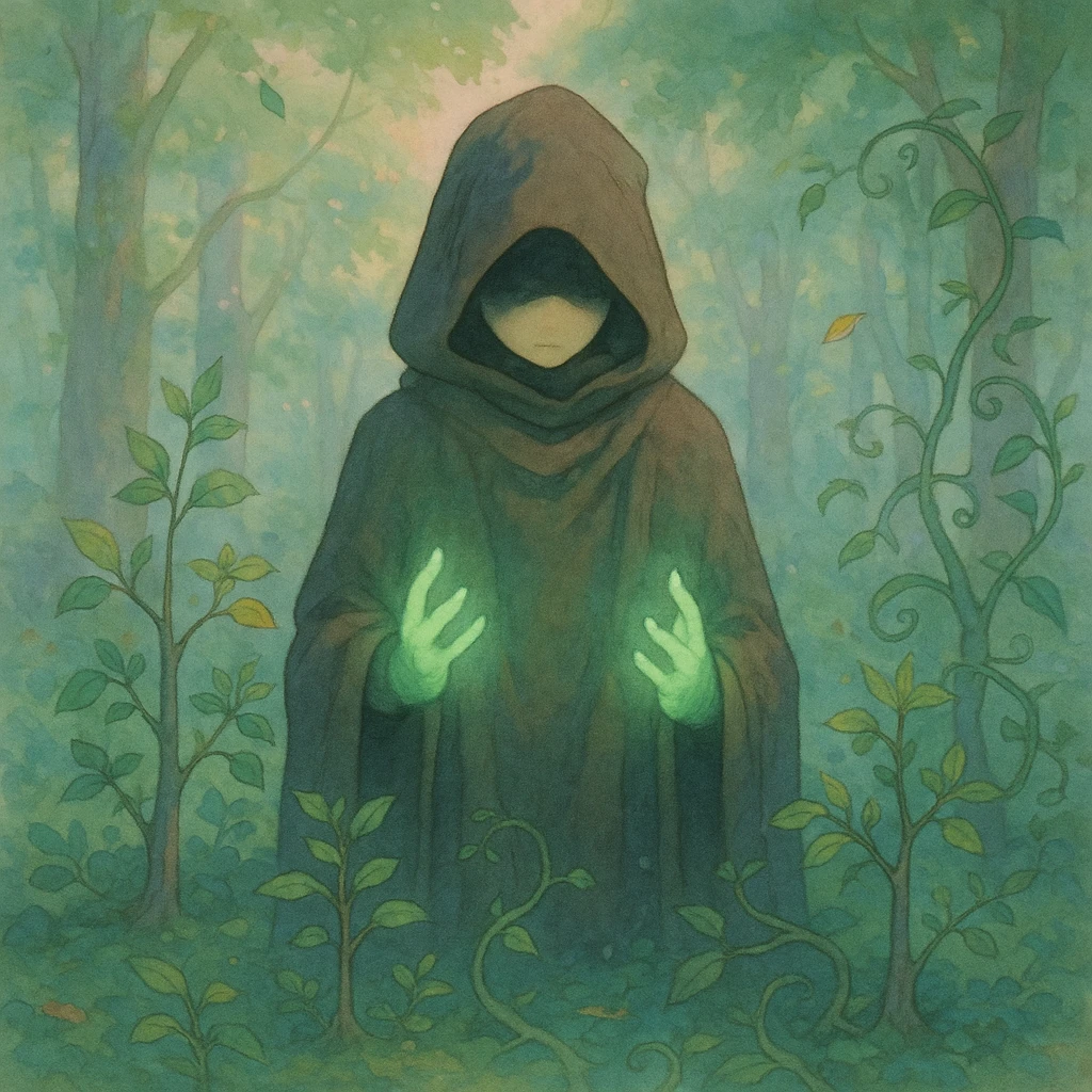 hooded figure with glowing green hands, surrounded by small trees, leaves, or vines emoji