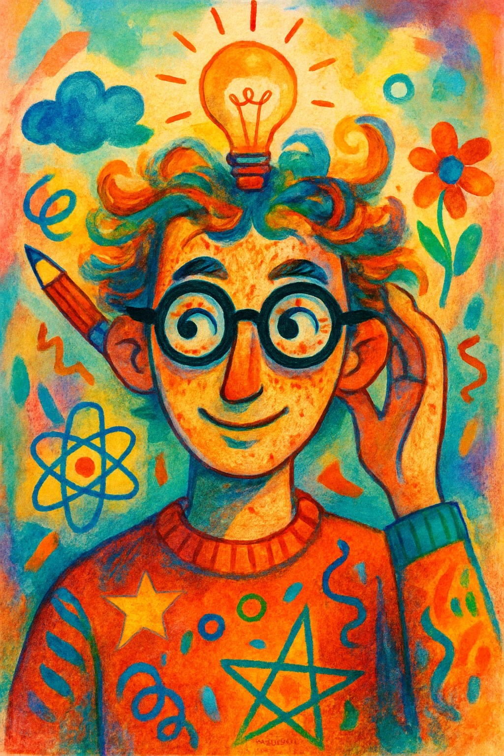 a smart person, creative artistic style, unique visual style, playful illustration style emoji