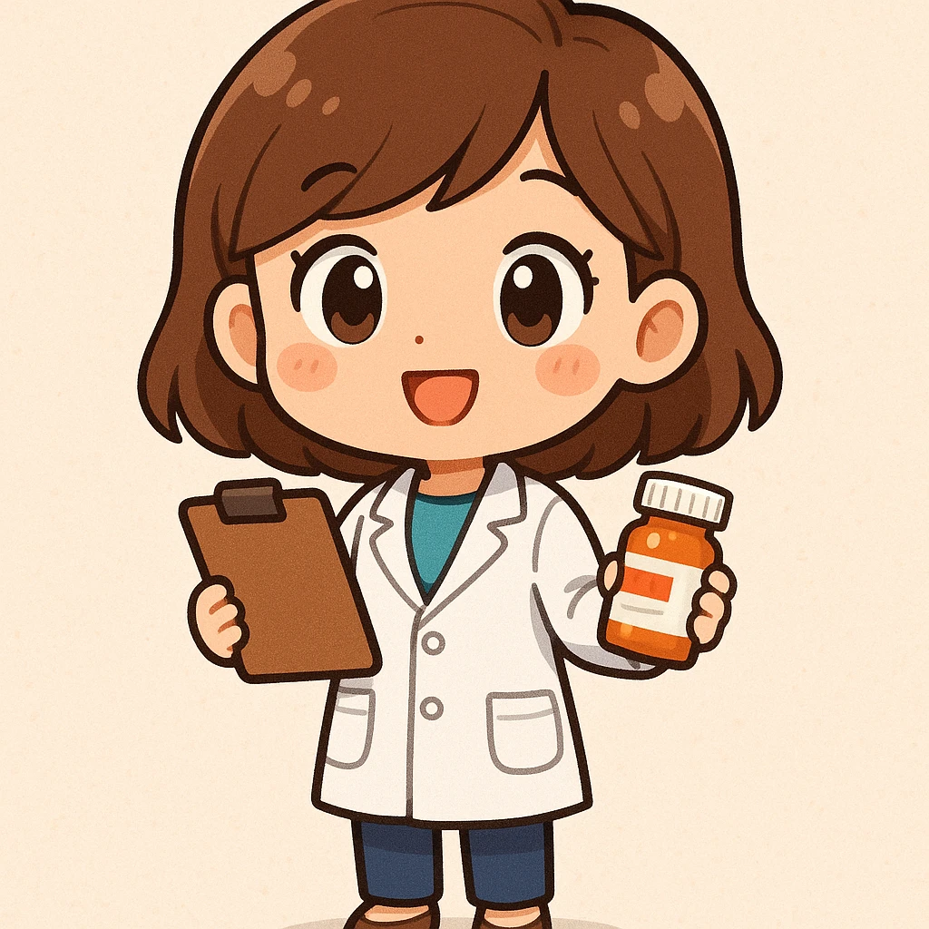 A chibi style young female pharmacist with brown hair, wearing a white coat, holding a clipboard and a pill bottle, with a bright and friendly expression, full body, cute and colorful illustration. emoji