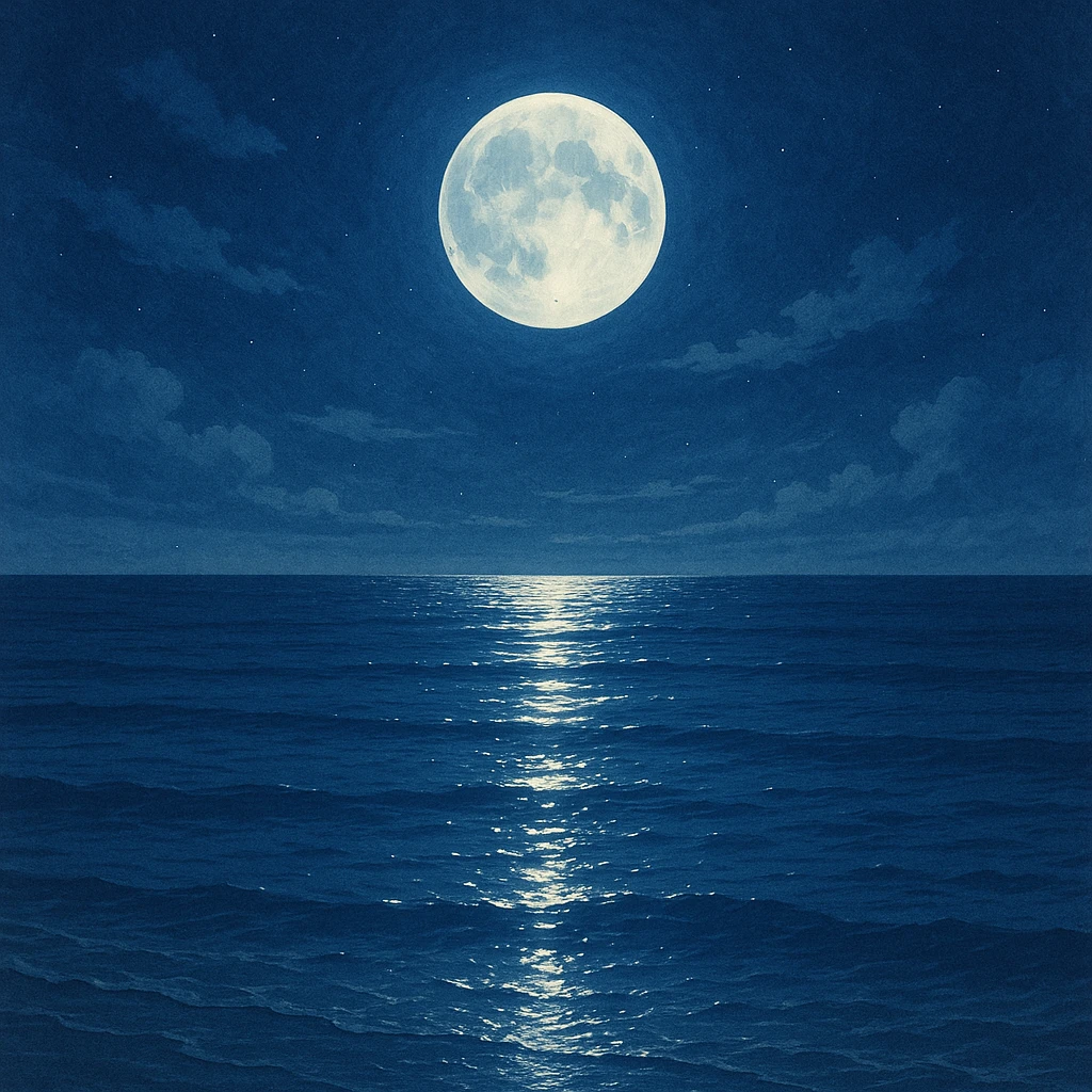 full moon reflecting on tranquil ocean, serene night, shimmering moonlight, general illustration style emoji