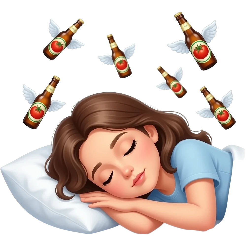 Спит девушка брюнетка а ей снится томатное пиво которое летает вокруг нее с крылышками emoji