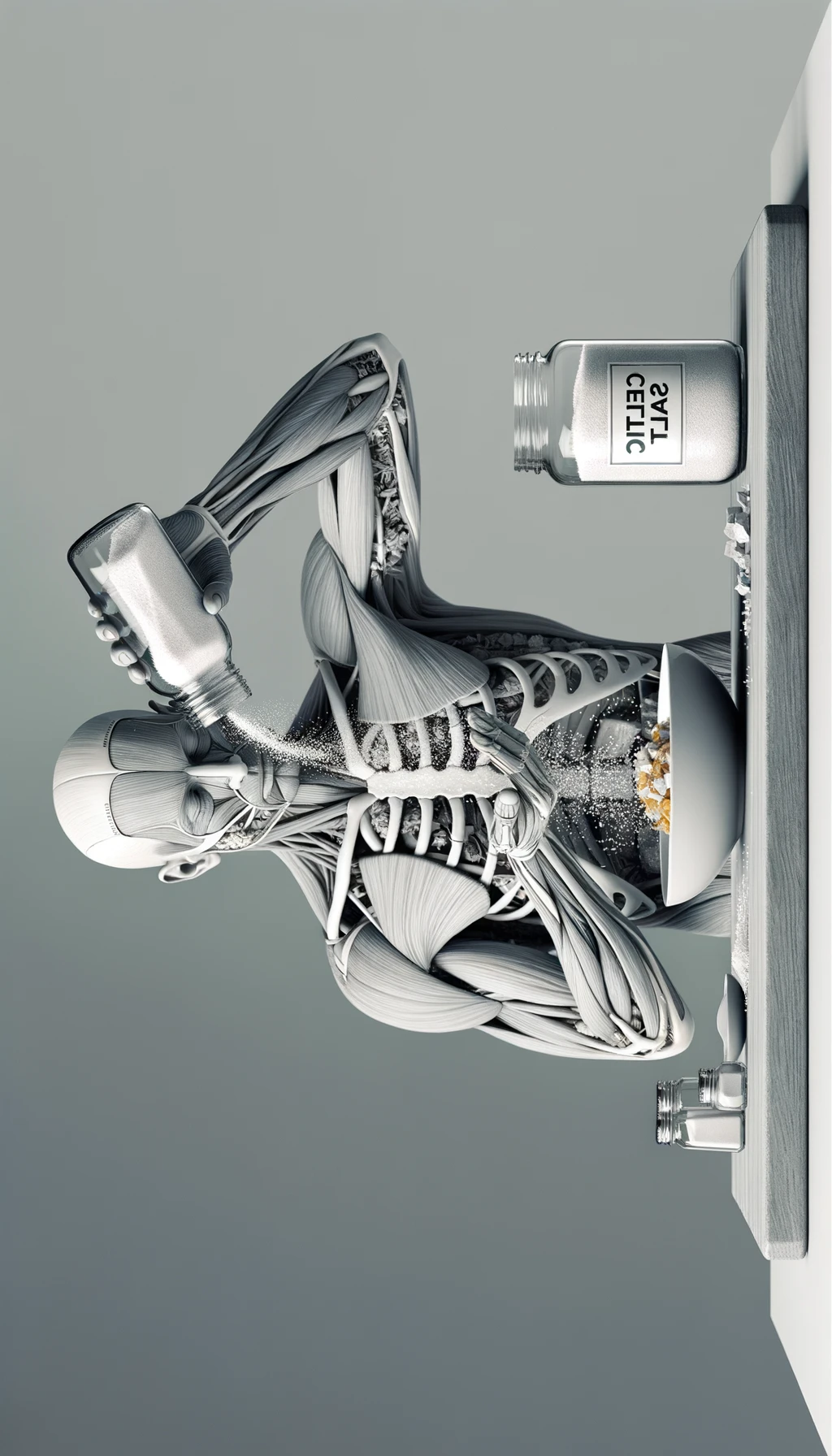 A REALISTIC ANATOMIC human body holding a jar with "CELTIC SALT" written on the label, he throws it in his mouth DURING BREAKFAST, NEUTRAL CLEAR BACKGROUND emoji
