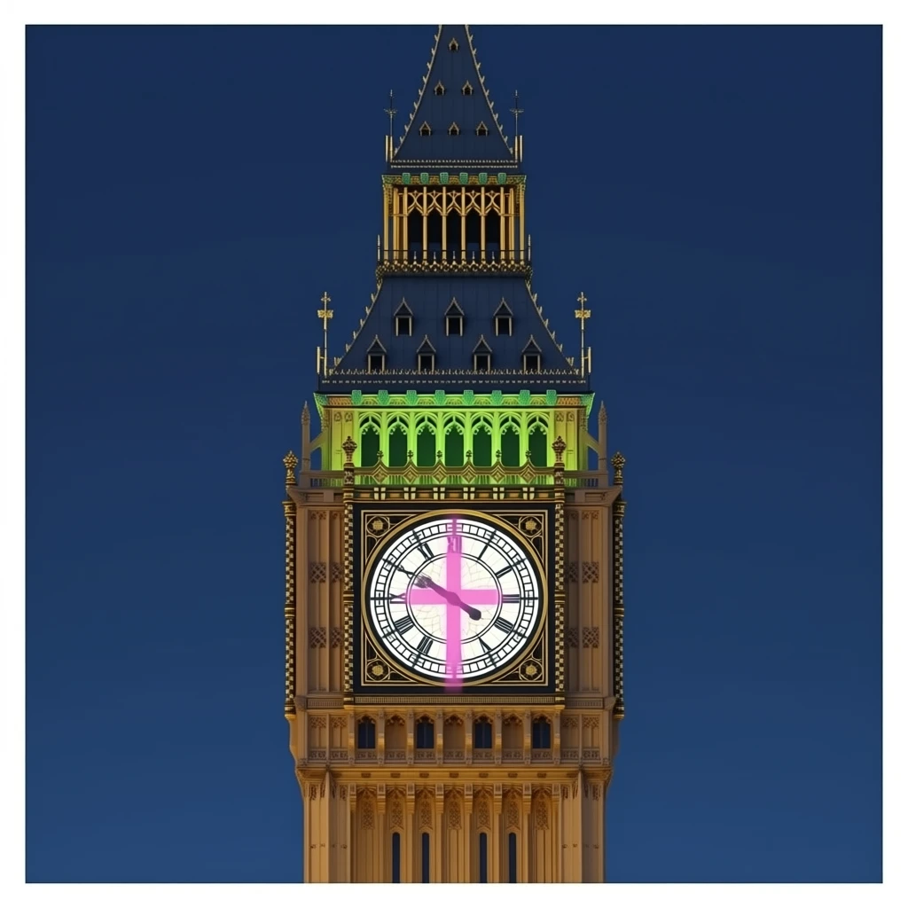 London clock tower with a glowing pink Christian cross replacing the analogs emoji