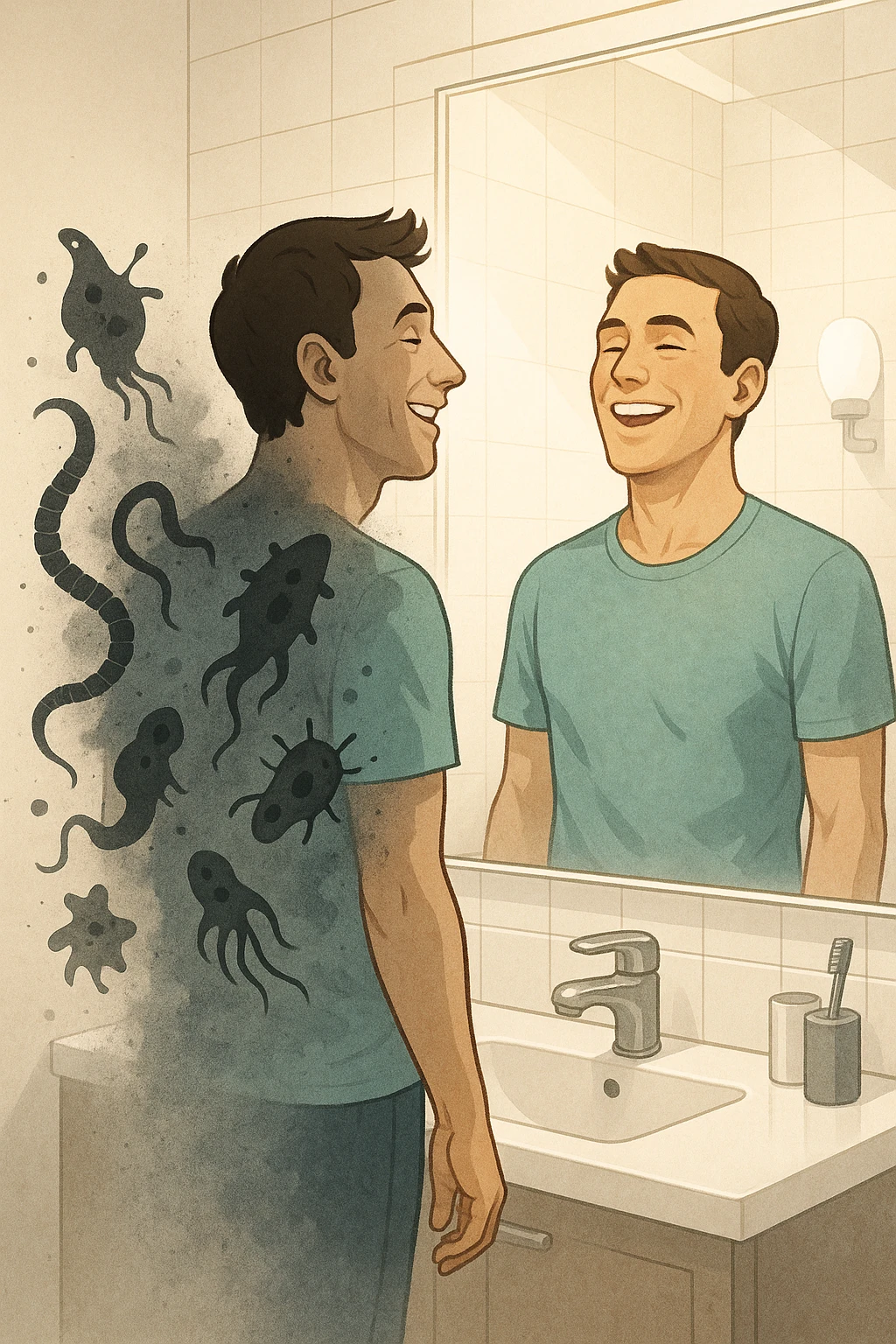 a man stands in a brightly lit bathroom, looking relieved and revitalized as he examines his reflection in the mirror. In the foreground, stylized, shadowy images of parasites (such as worms or protozoa) are shown leaving his body, dissolving into mist or fading away. His posture is upright and his expression is one of newfound energy and health. emoji