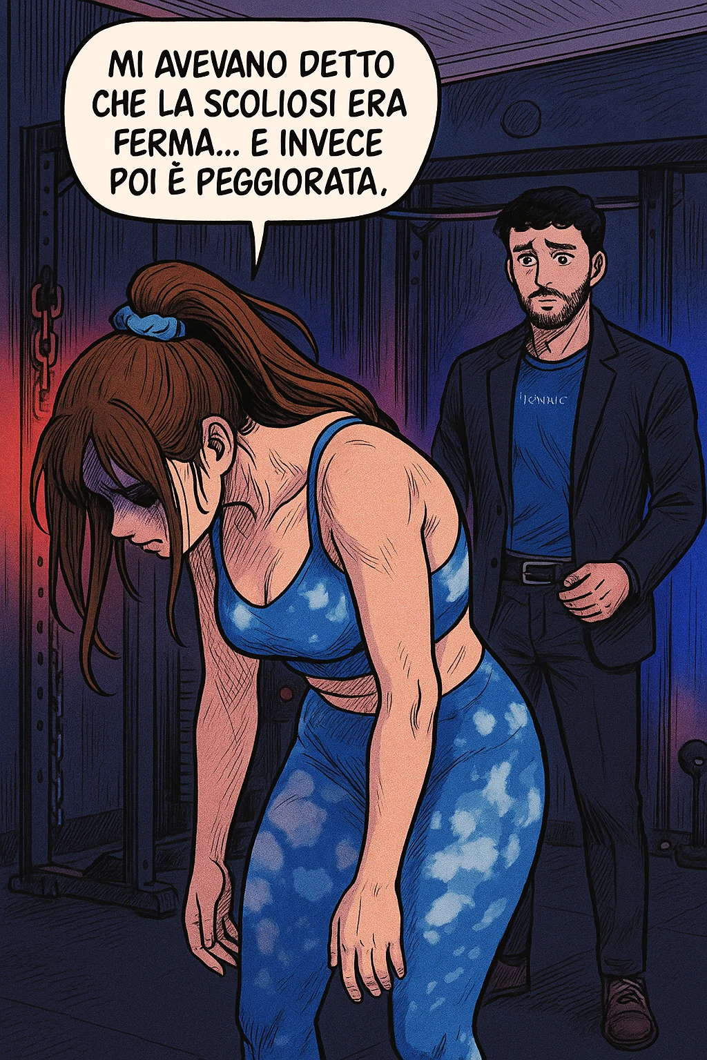 fai questa immagine in versione fumetto/manga/webtoon a colori, il manga mostra la donna disperata con un fumetto sulla testa che dice:
Mi avevano detto che la scoliosi era ferma… e invece poi è peggiorata.
 emoji