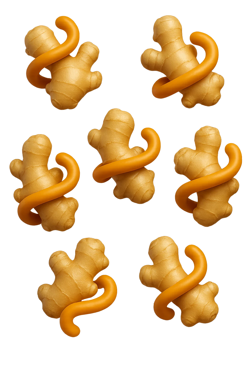 emoji stile iphone 3d di 6 piccoli pezzi di zenzero che fluttuano in aria con pezzi di colon arrotolati intorno, iperrealistico 4k emoji