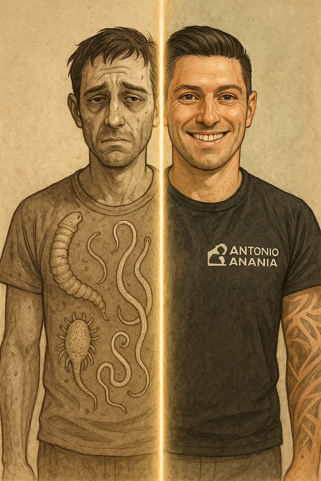 a man is depicted in two halves—on one side, he appears tired and weighed down, with faint, ghostly images of parasites visible inside his torso; on the other side, he is vibrant and healthy, with clear skin and bright eyes, the parasites gone. A visual transition or glowing line separates the two states, symbolizing recovery. emoji