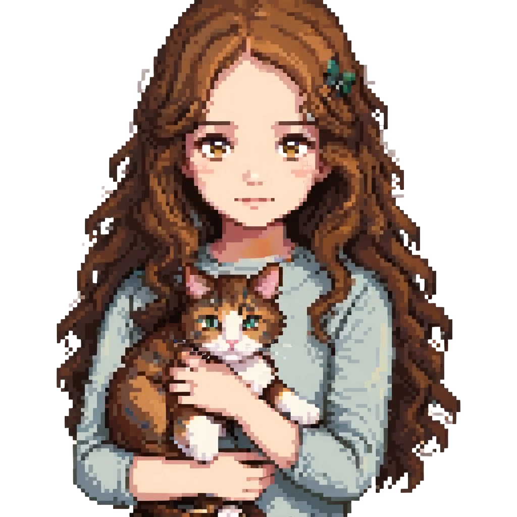 a girl with long wavy brown hair and brown eyes holding a cat, pixel art style emoji