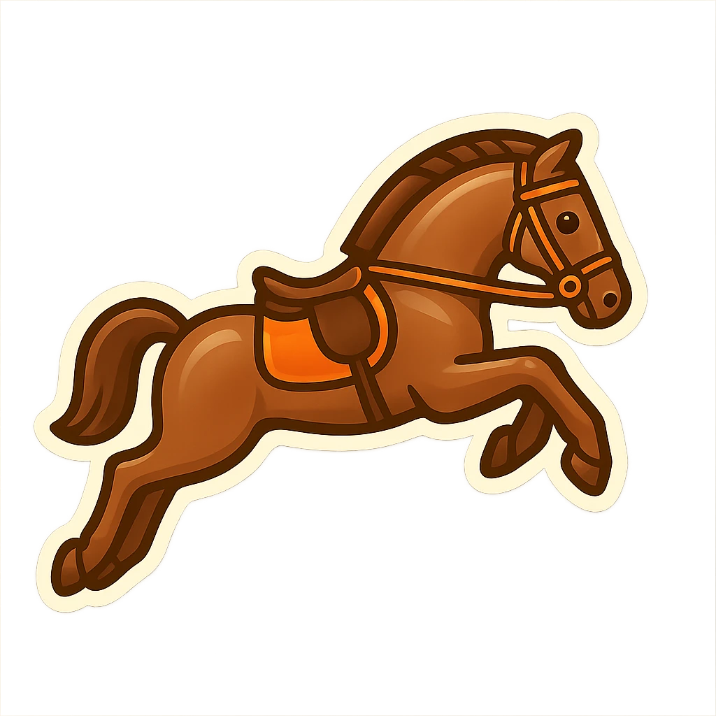 Create a cute emoji style illustration of a Hermès-style horse jumping with a classic equestrian look and Hermès orange accents. Show the horse from a different angle. Use a white or transparent background. emoji