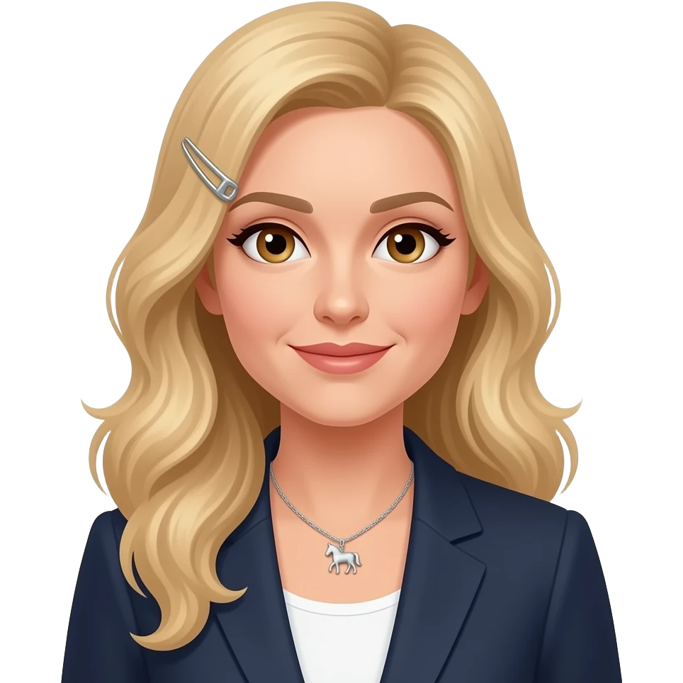female, blonde hair, very long wavy hair, hazel eyes, mid 30's, silver horse necklace, hair clip in left side, accountant emoji