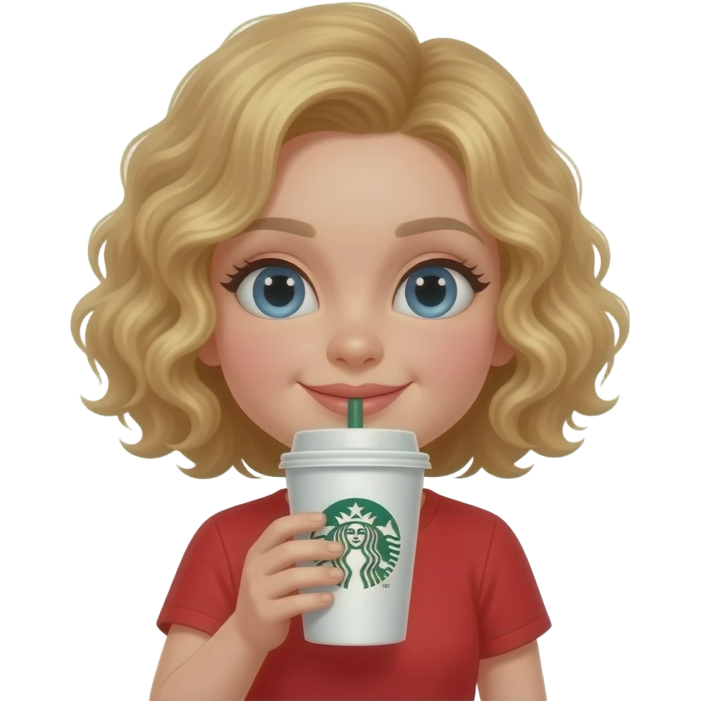 blonde curly bob drinking a starbucks coffee in a red shirt emoji