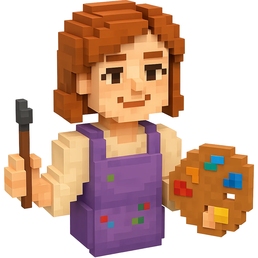 Serene female oil painter, Caucasian features, shoulder-length auburn hair, soft brown eyes, gentle smile, wearing a violet painter’s apron lightly stained with paint over a beige blouse, holding a wooden palette with vibrant colors in one hand and a brush in the other, waist-up, front-facing emoji